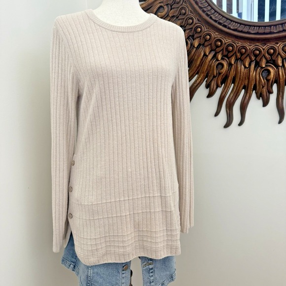 Barefoot Dreams Sweaters - Barefoot Dreams Ribbed Pullover Sweater S Soft Taupe Side Button Tunic Cozy F/W